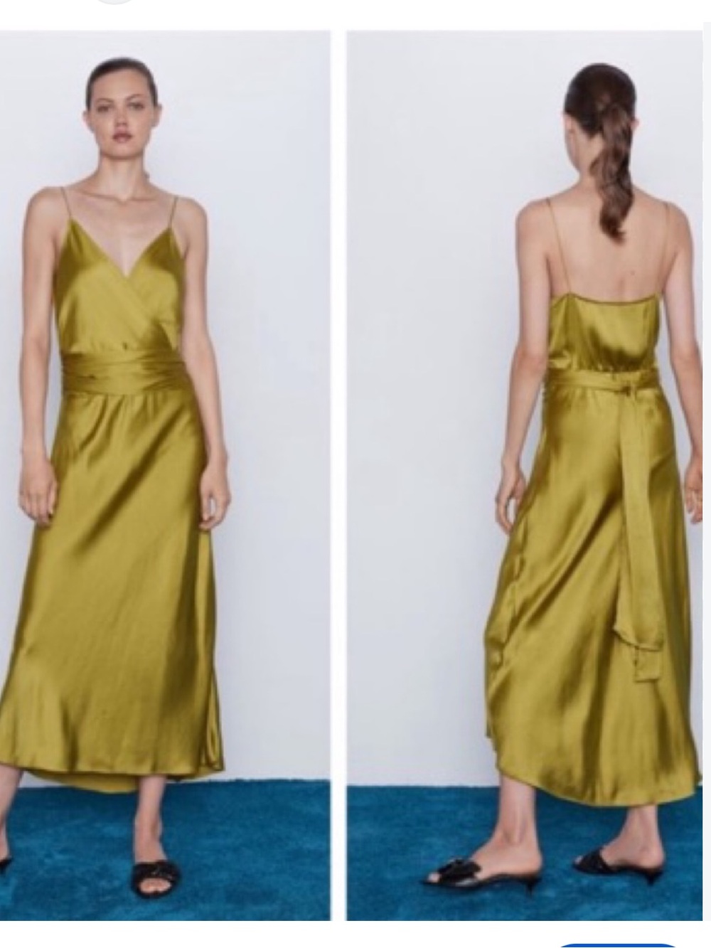 Zara Olive Chartreuse Satin Faux Wrap Silky Maxi Slip Dress Large Cocktail - Picture 11 of 12